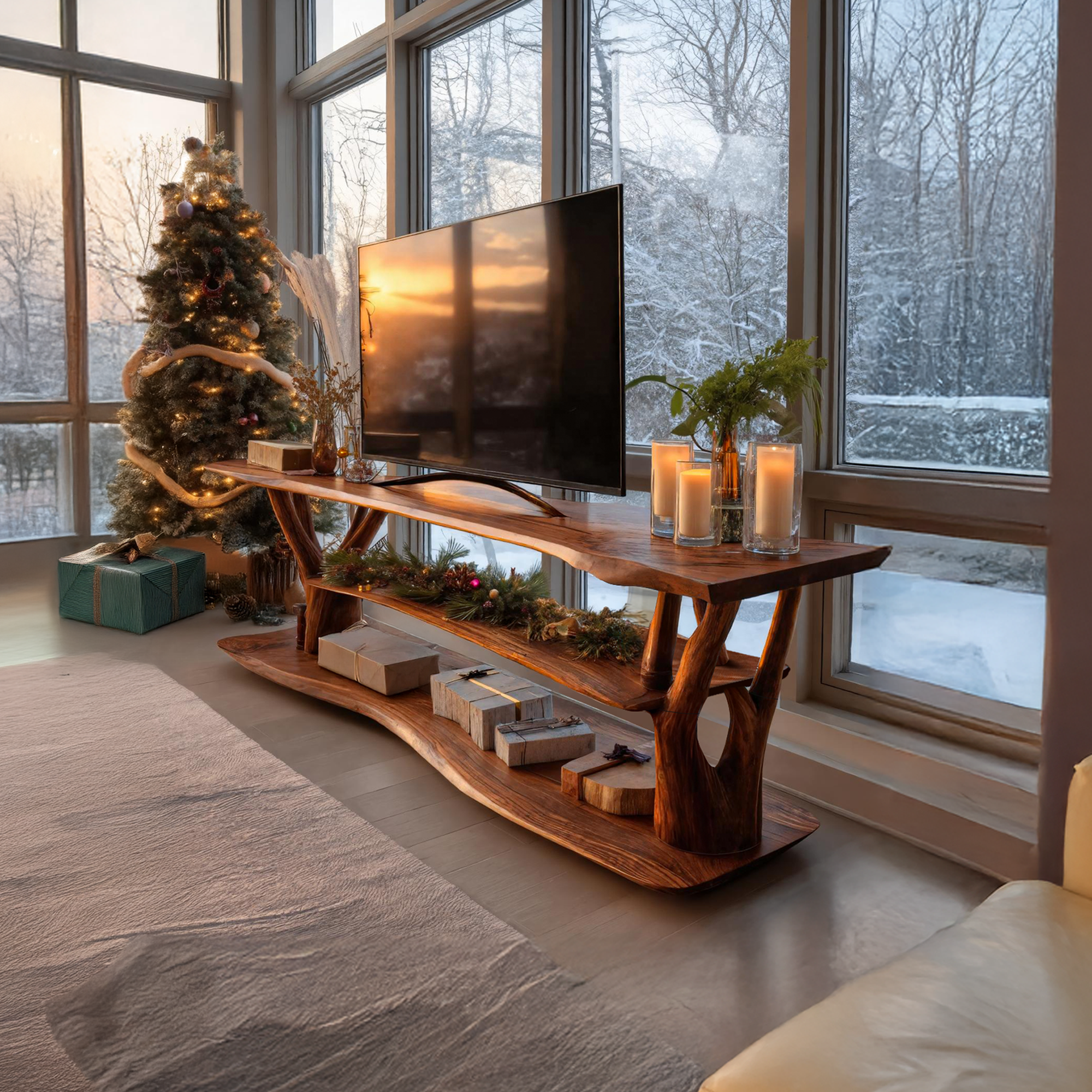 Handcrafted Live Edge Entryway TV Stand For Cozy Winter Home SILDTTRCTV011