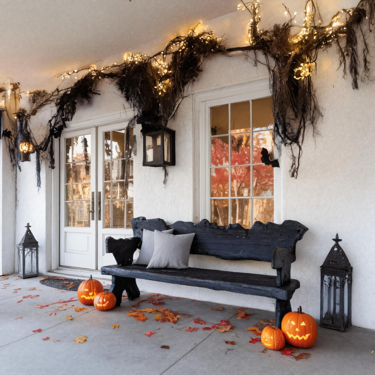 Rustic Carved Black Wooden Bench For Halloween Porch Decor SITHTTHW003