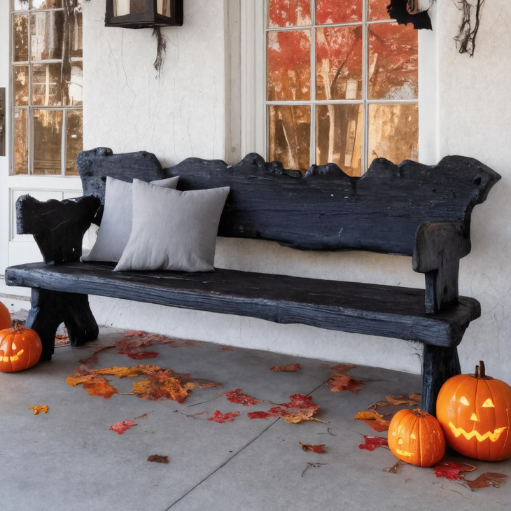 Rustic Carved Black Wooden Bench For Halloween Porch Decor SITHTTHW003