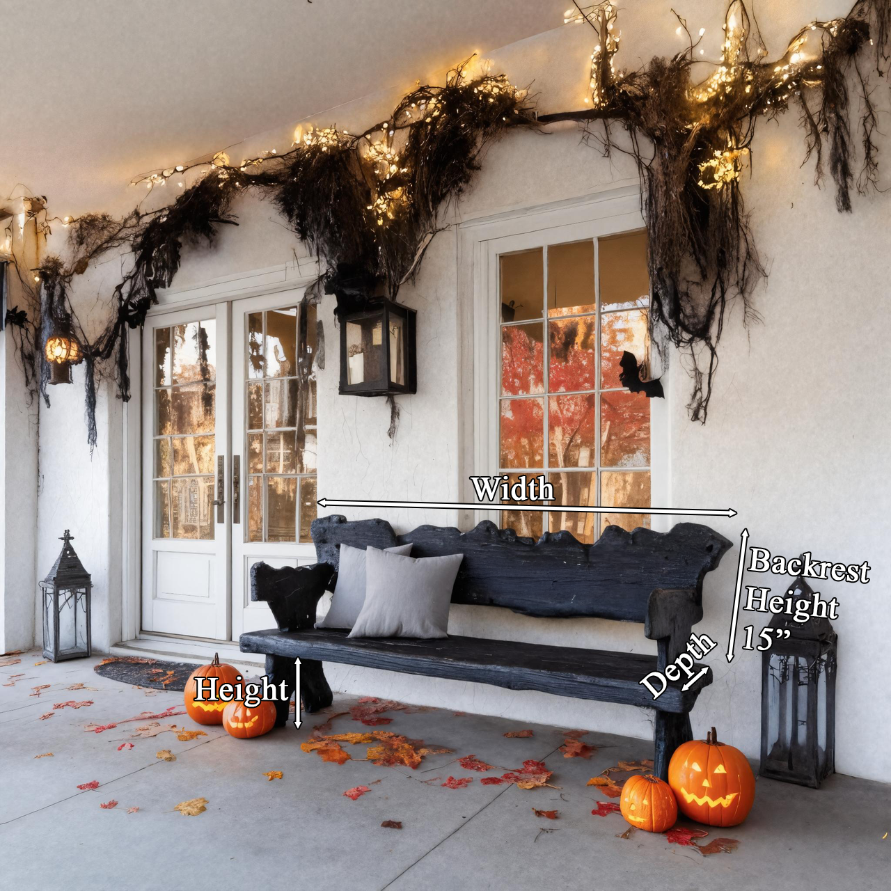 Rustic Carved Black Wooden Bench For Halloween Porch Decor SITHTTHW003