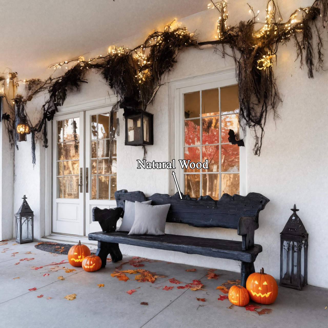 Rustic Carved Black Wooden Bench For Halloween Porch Decor SITHTTHW003