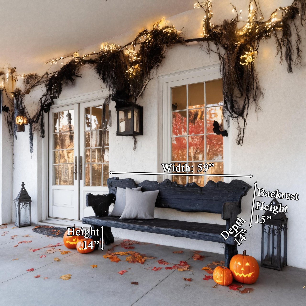 Rustic Carved Black Wooden Bench For Halloween Porch Decor SITHTTHW003
