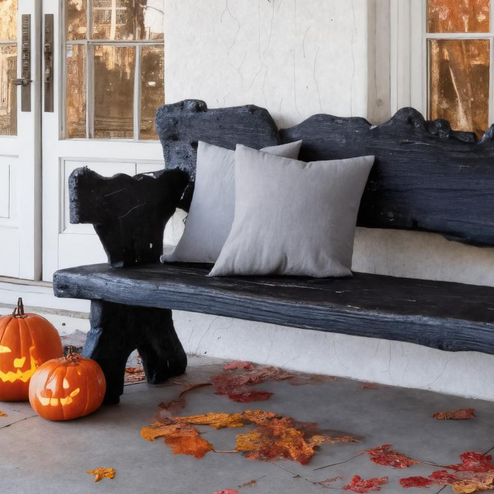 Rustic Carved Black Wooden Bench For Halloween Porch Decor SITHTTHW003