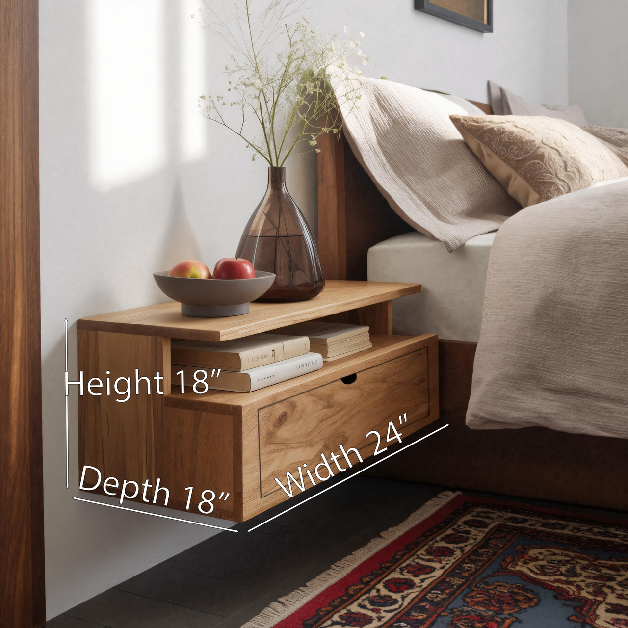 Floating Wooden Nightstand With Drawer And Shelf For Minimalist Bedroom SITHHNNS008