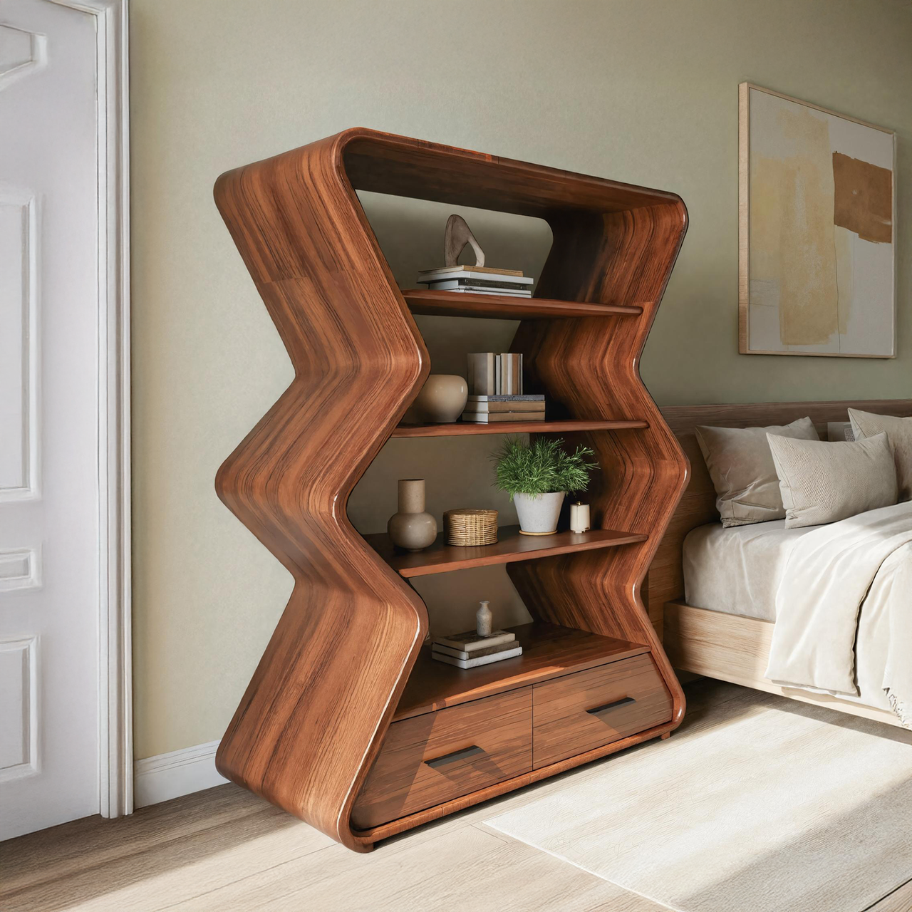 Modern Zigzag Wooden Bookshelf With Cabinet For Living Room Or Bedroom SITHTTBS015