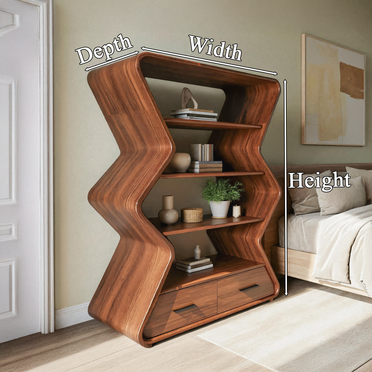 Modern Zigzag Wooden Bookshelf With Cabinet For Living Room Or Bedroom SITHTTBS015