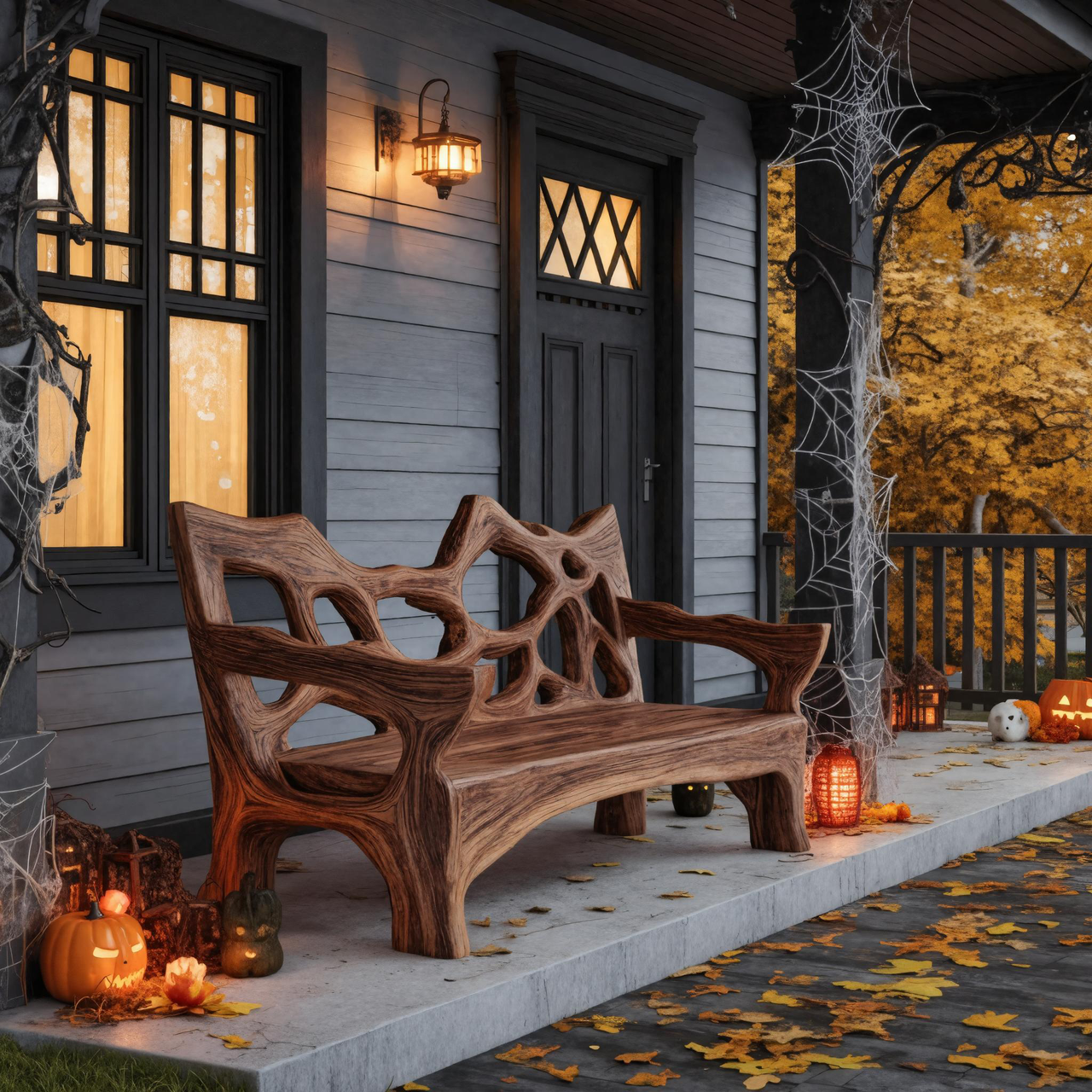 Rustic Halloween Wooden Bench Sculptural Design For Outdoor Or Entryway SITHTTHW004