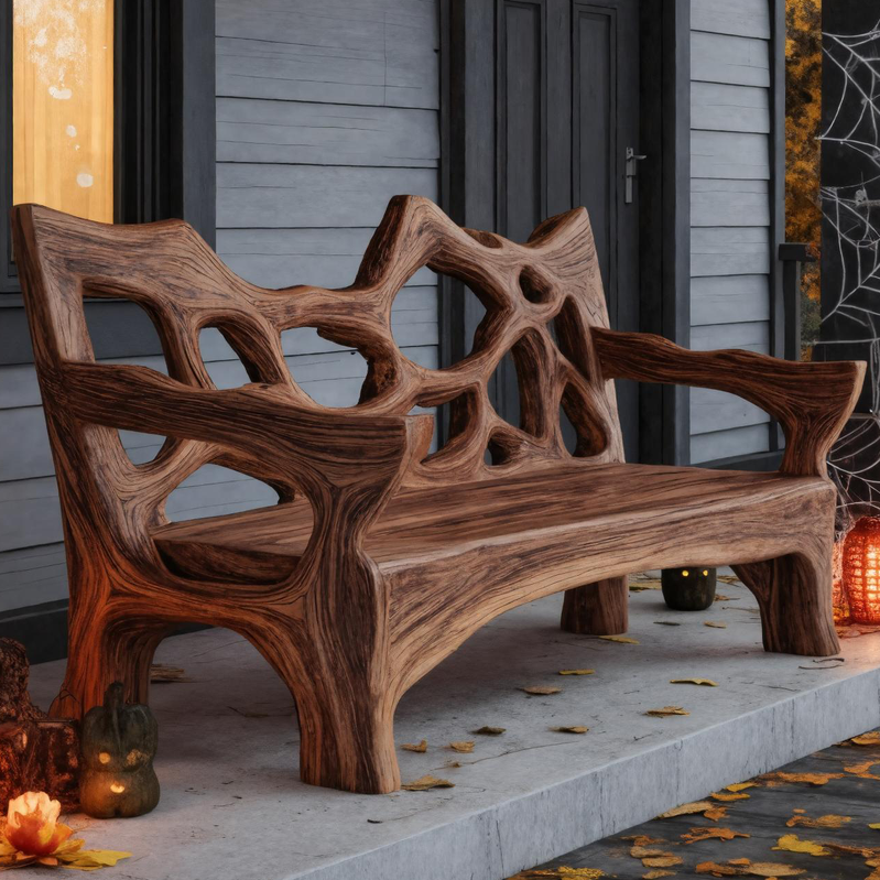 Rustic Halloween Wooden Bench Sculptural Design For Outdoor Or Entryway SITHTTHW004