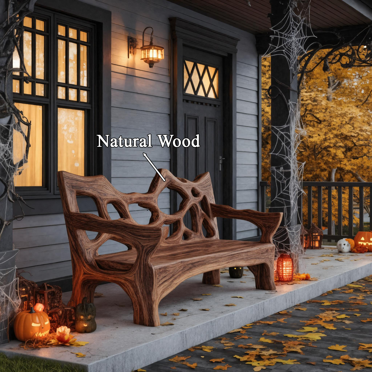 Rustic Halloween Wooden Bench Sculptural Design For Outdoor Or Entryway SITHTTHW004