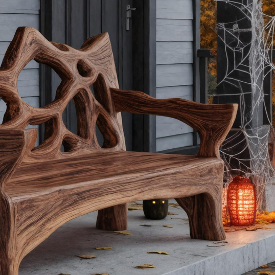 Rustic Halloween Wooden Bench Sculptural Design For Outdoor Or Entryway SITHTTHW004