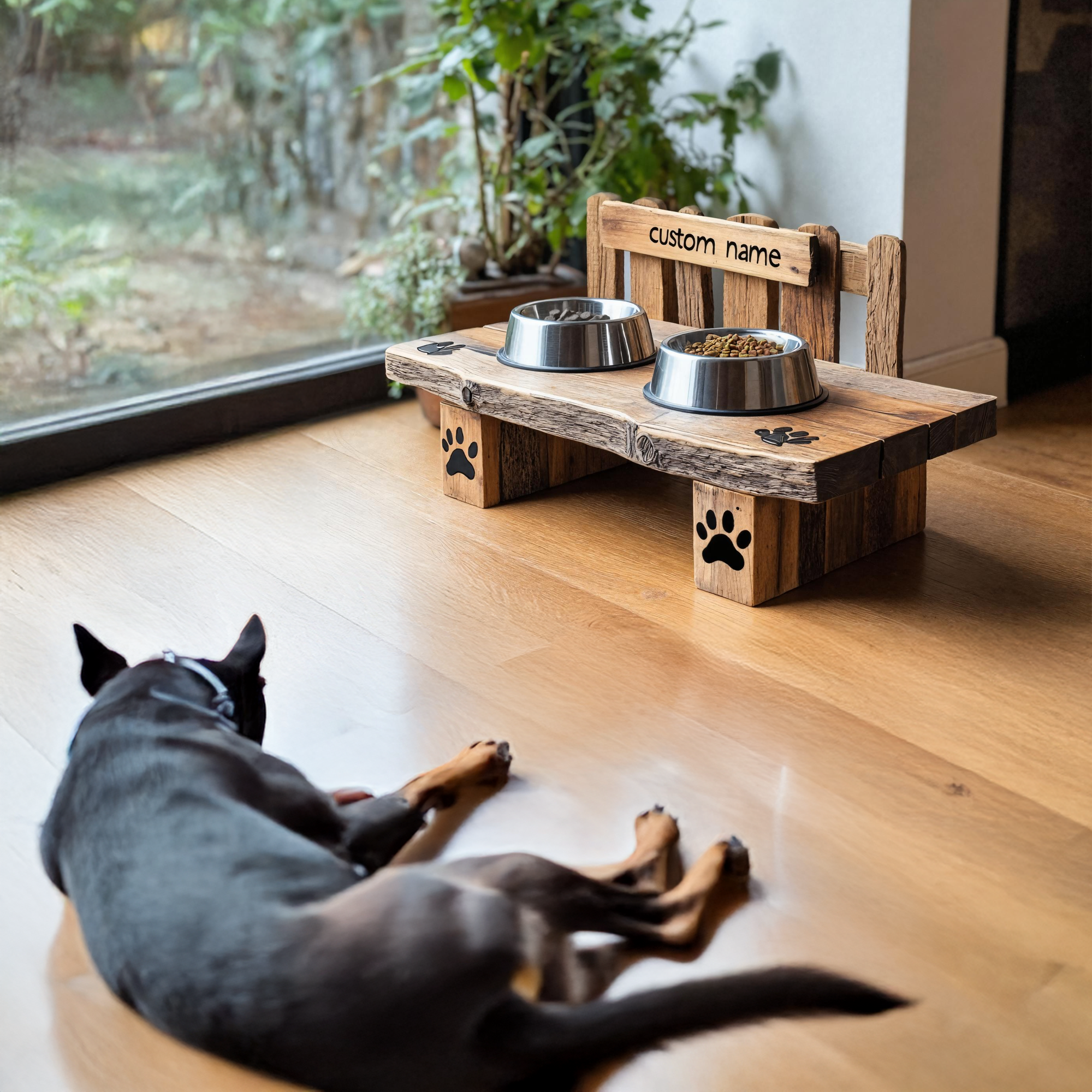 Wooden Dog Feeding Stand Mid Century For Pet Use SILDTTRDBS014