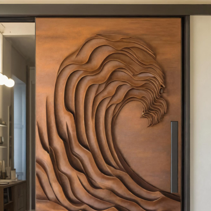 Artistic Wave Pattern Sliding Wood Door For Modern Interior Living Room Or Studio Entrance Decor SITHHNDOR009