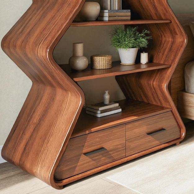 Modern Zigzag Wooden Bookshelf With Cabinet For Living Room Or Bedroom SITHTTBS015