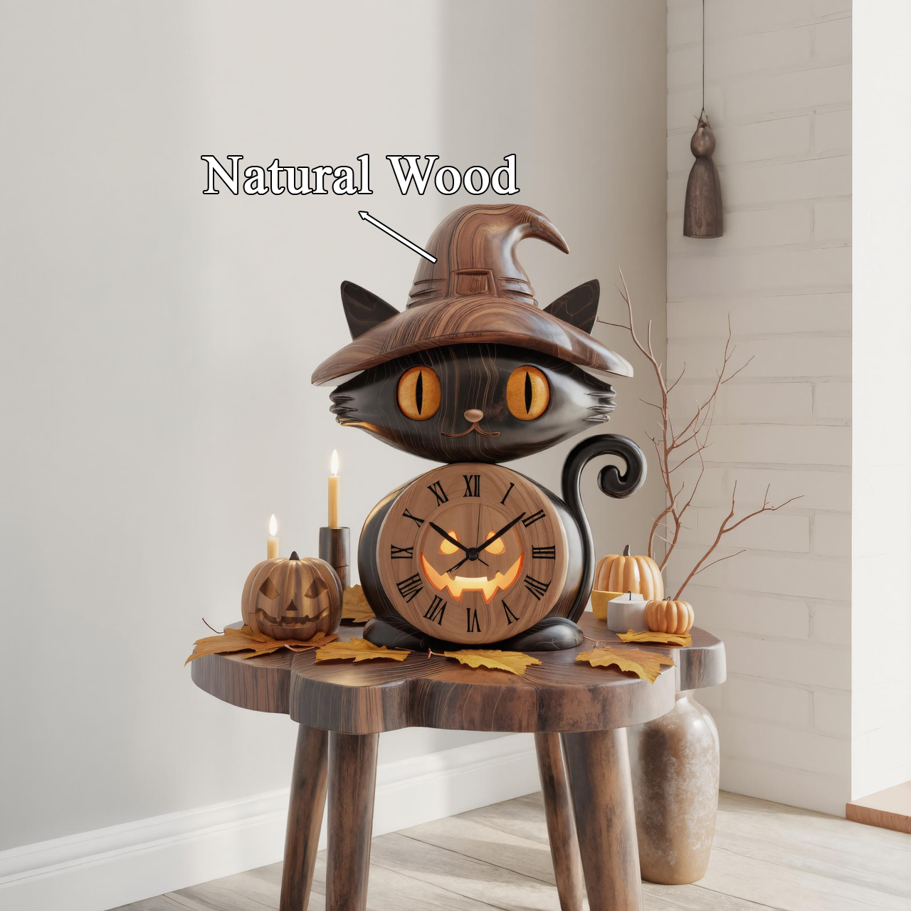 Wooden Black Cat Clock With Witch Hat For Halloween Mantel Decor SITHTTHW001