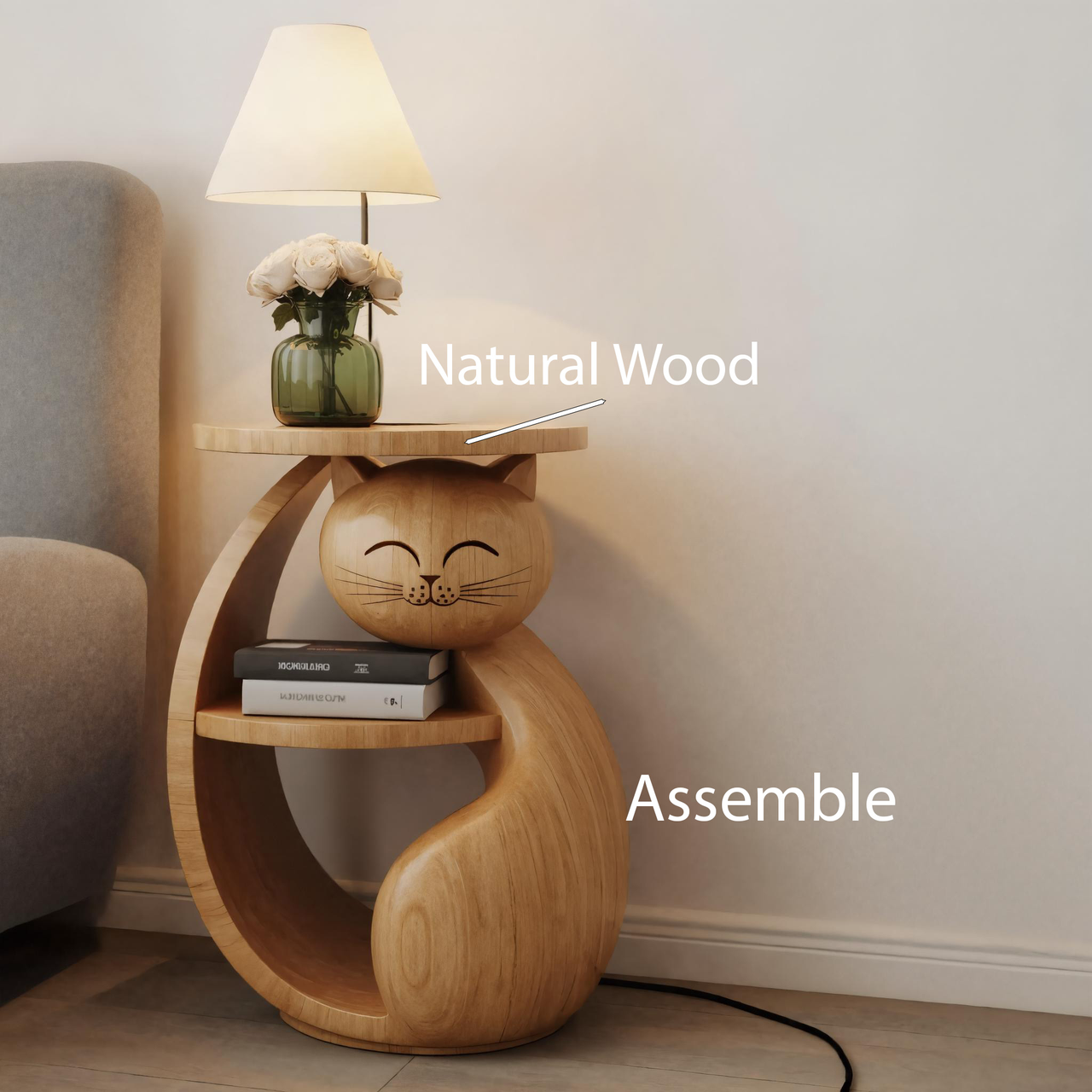 Whimsical Cat Shaped Wooden Side Table With Shelf For Bedroom Or Kids Room SITHHNSTA003