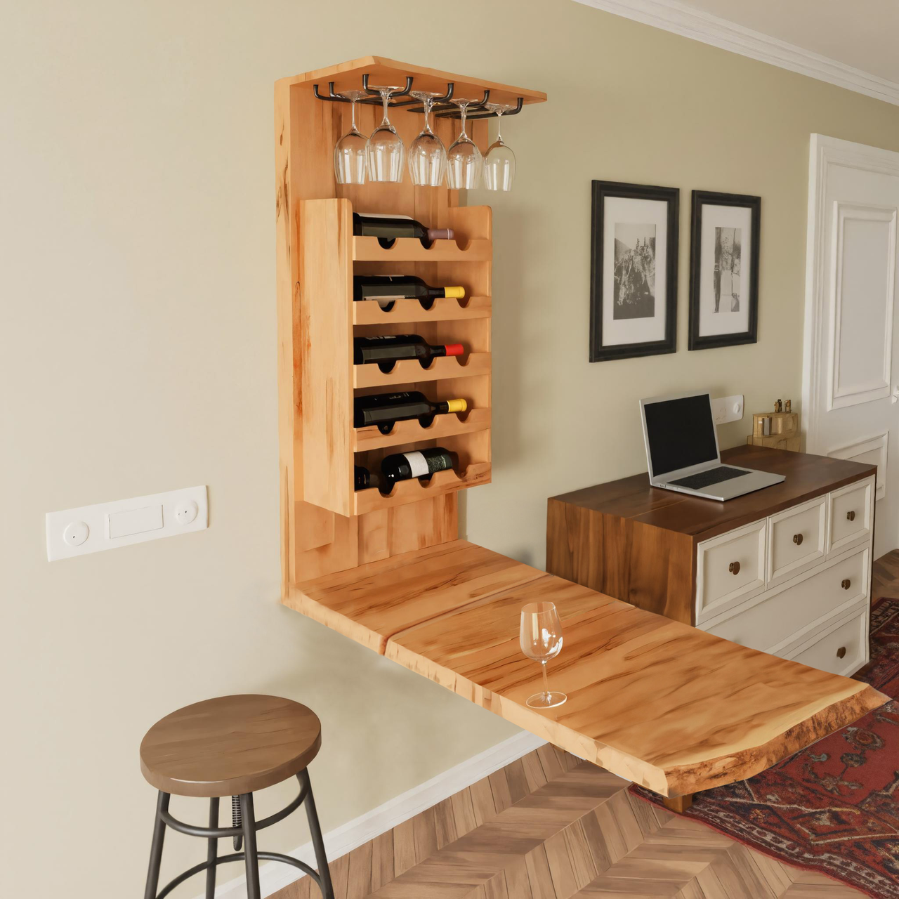 Wall Mounted Wine Rack With Folding Live Edge Table For Kitchen Or Bar SITHHNFL010
