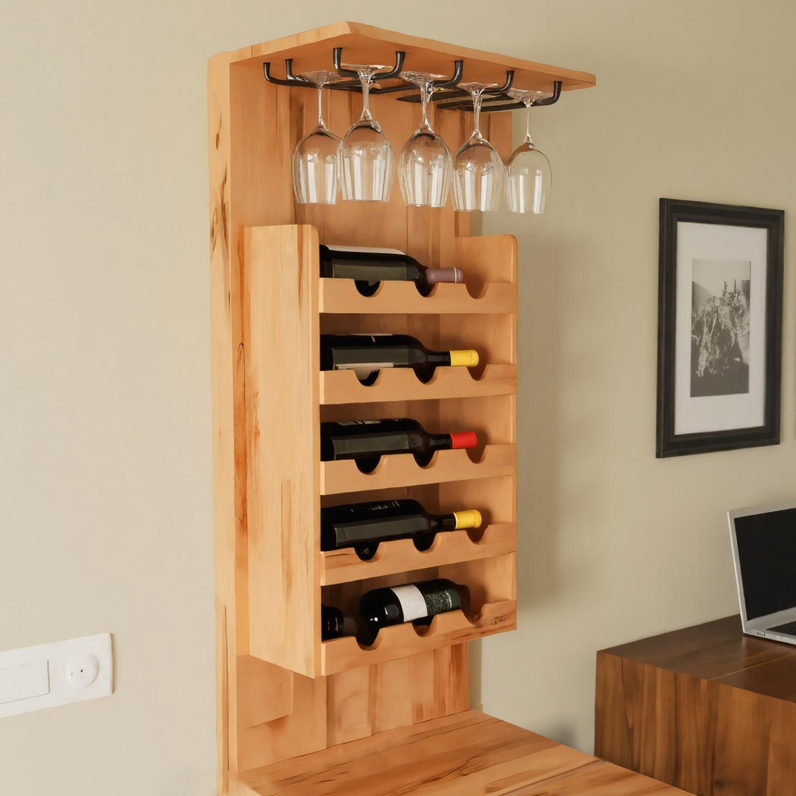 Wall Mounted Wine Rack With Folding Live Edge Table For Kitchen Or Bar SITHHNFL010