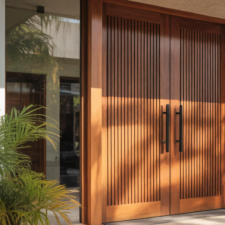 Modern Double Wooden Front Door With Vertical Slat Design For Entryway SITHTTDOR019