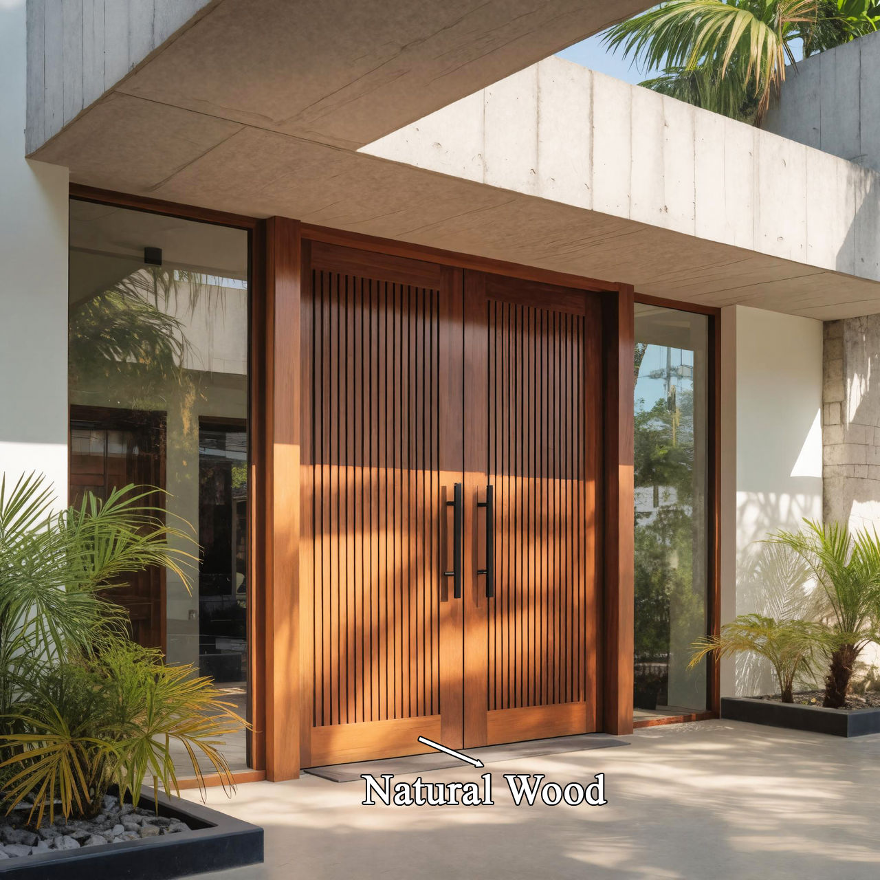 Modern Double Wooden Front Door With Vertical Slat Design For Entryway SITHTTDOR019