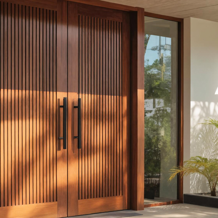 Modern Double Wooden Front Door With Vertical Slat Design For Entryway SITHTTDOR019