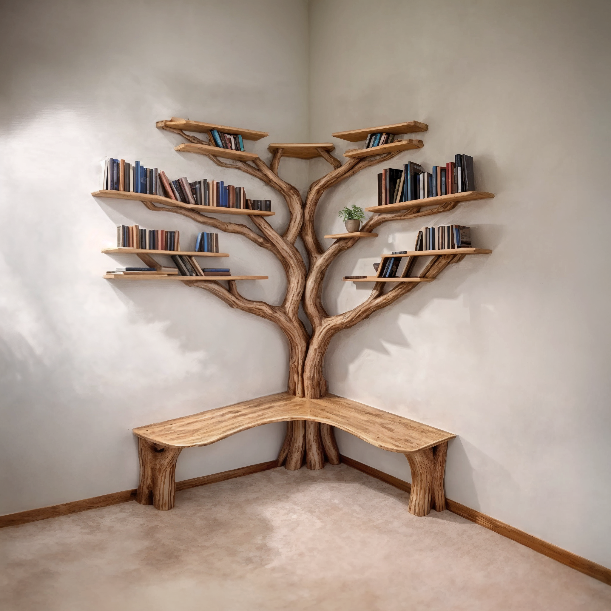 Tree Floating Corner Bookshelf With Corner Bench lshaped SINLTBS010