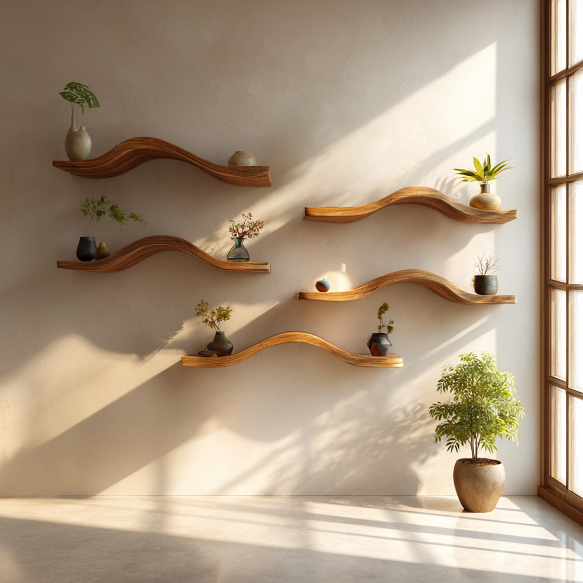 Curved Solid Wood Floating Shelves Organic Modern Living Room Interior SINLKIFL366