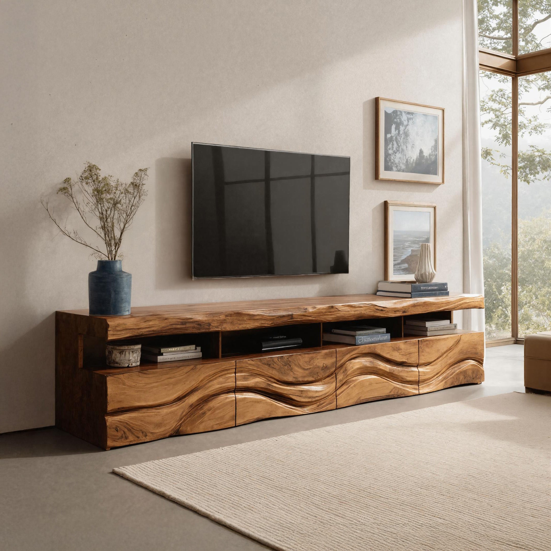 Modern Wave Carved Wood TV Stand For Living Room RTTHHNTVC078