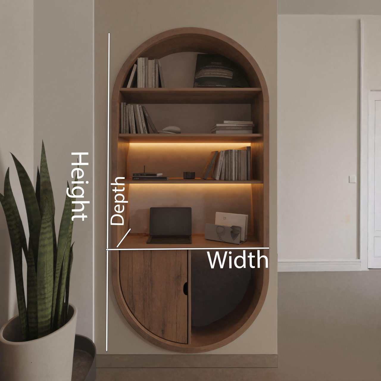 Arched Wooden Wall Bookshelf With Cabinet And Lighting For Living Room Or Office SITHHNBS014