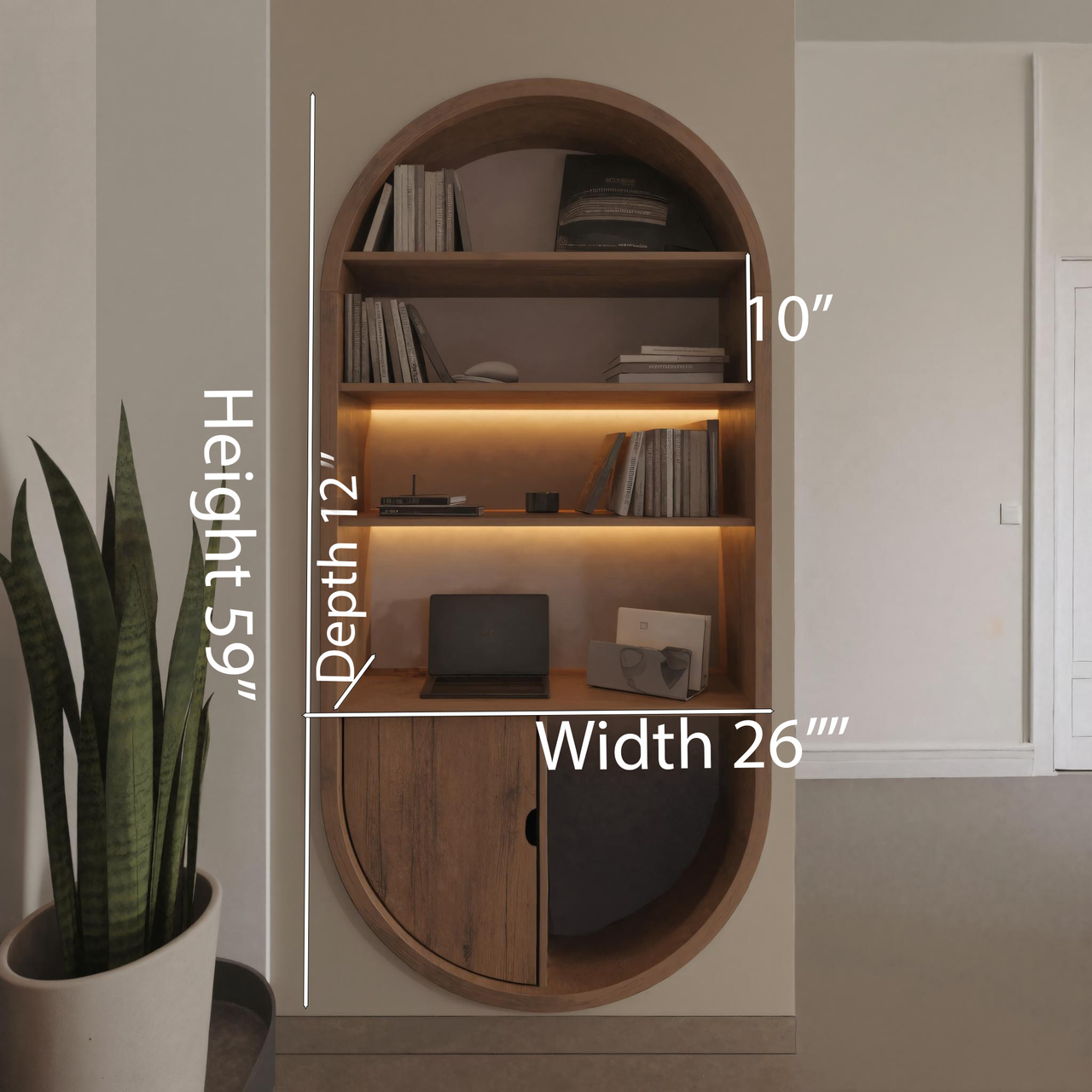 Arched Wooden Wall Bookshelf With Cabinet And Lighting For Living Room Or Office SITHHNBS014