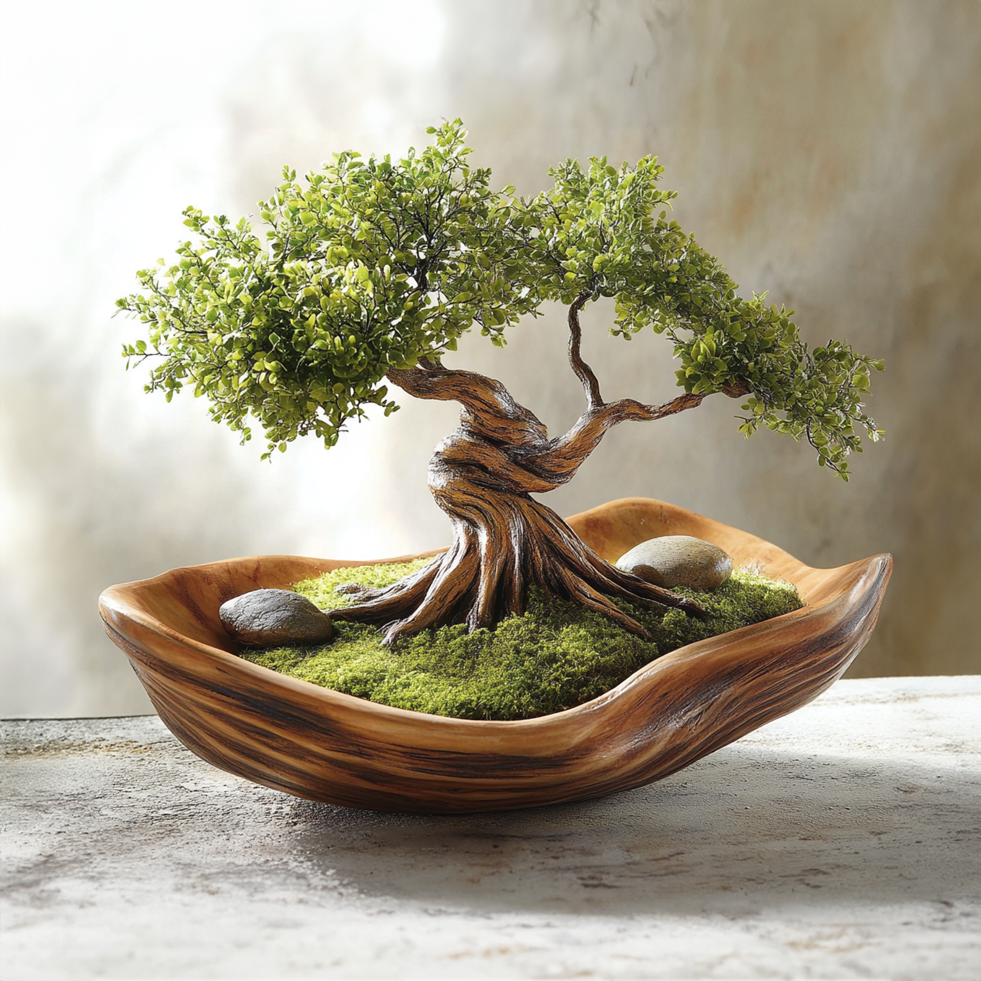 Solid Driftwood Bonsai Pot Artificial Moss Carpet SINLBD009