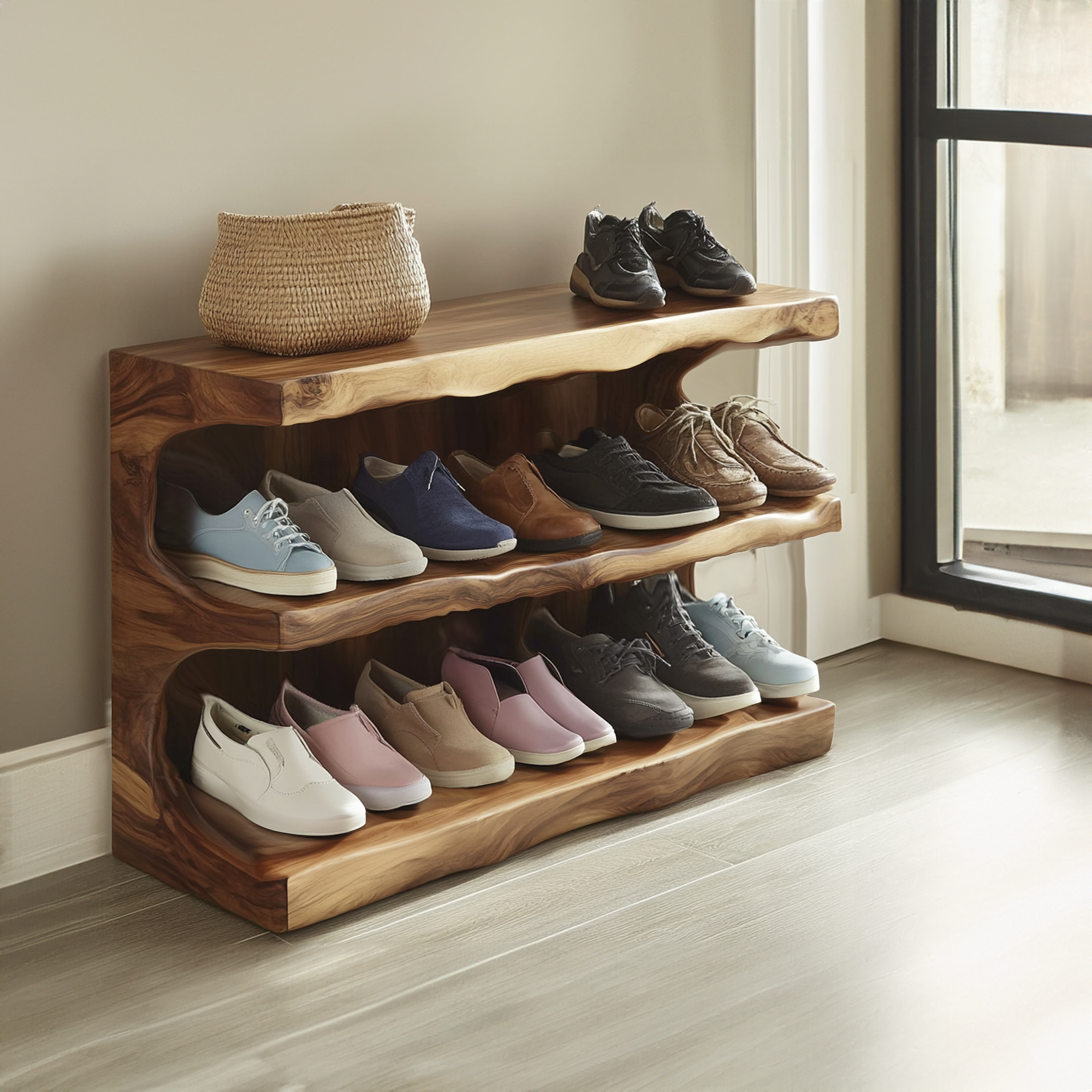 Midcentury Entryway Woven Shoe Rack Bench Storage SINLSB008