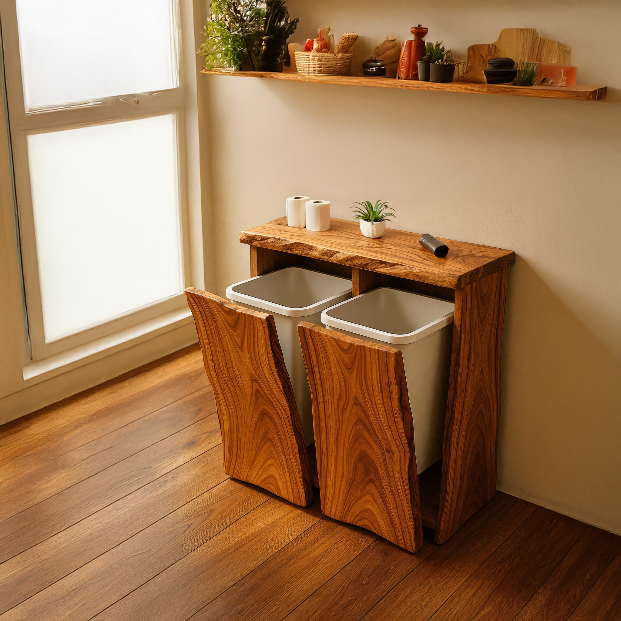 Farmhouse Wooden Double Tilt Out Garbage Bin For Dining Room Corner SILDTTRB002
