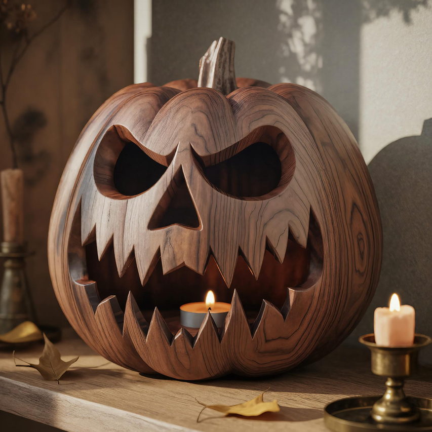 Wooden Jack O Lantern Candle Holder Rustic Halloween Pumpkin Light For Table Decor SITHTTHW002