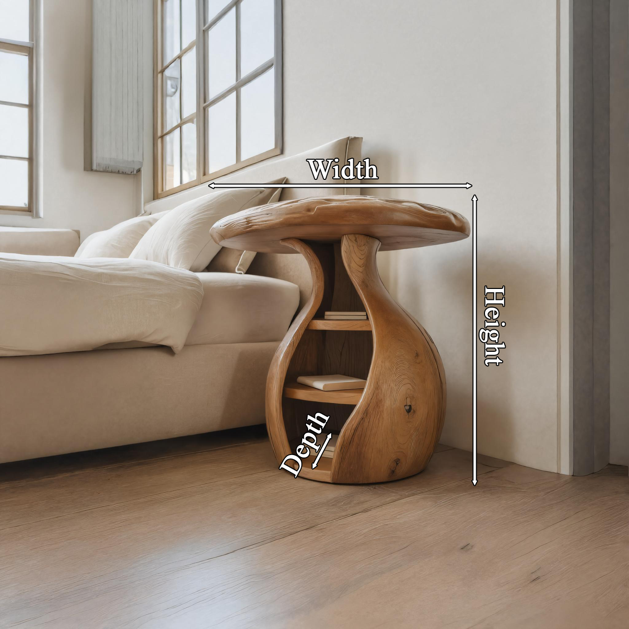Artistic Wooden Bedside Table With Curved Design And Shelves For Bedroom SITHTTSTA014