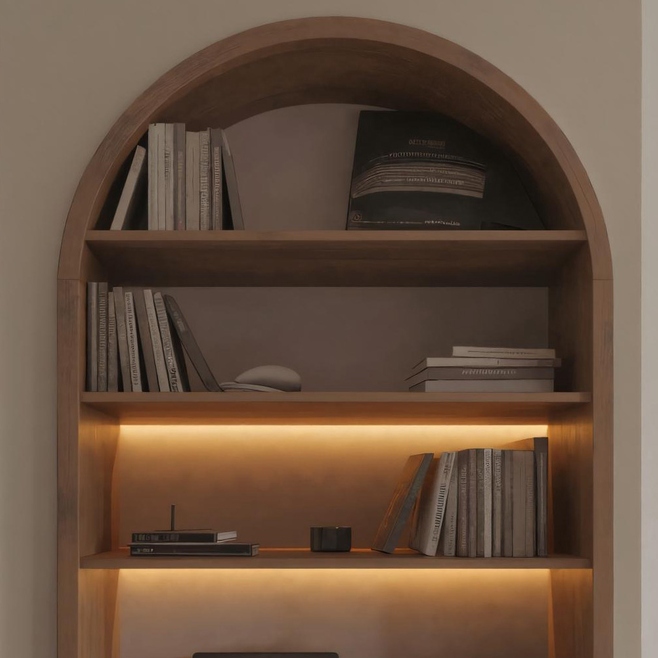 Arched Wooden Wall Bookshelf With Cabinet And Lighting For Living Room Or Office SITHHNBS014