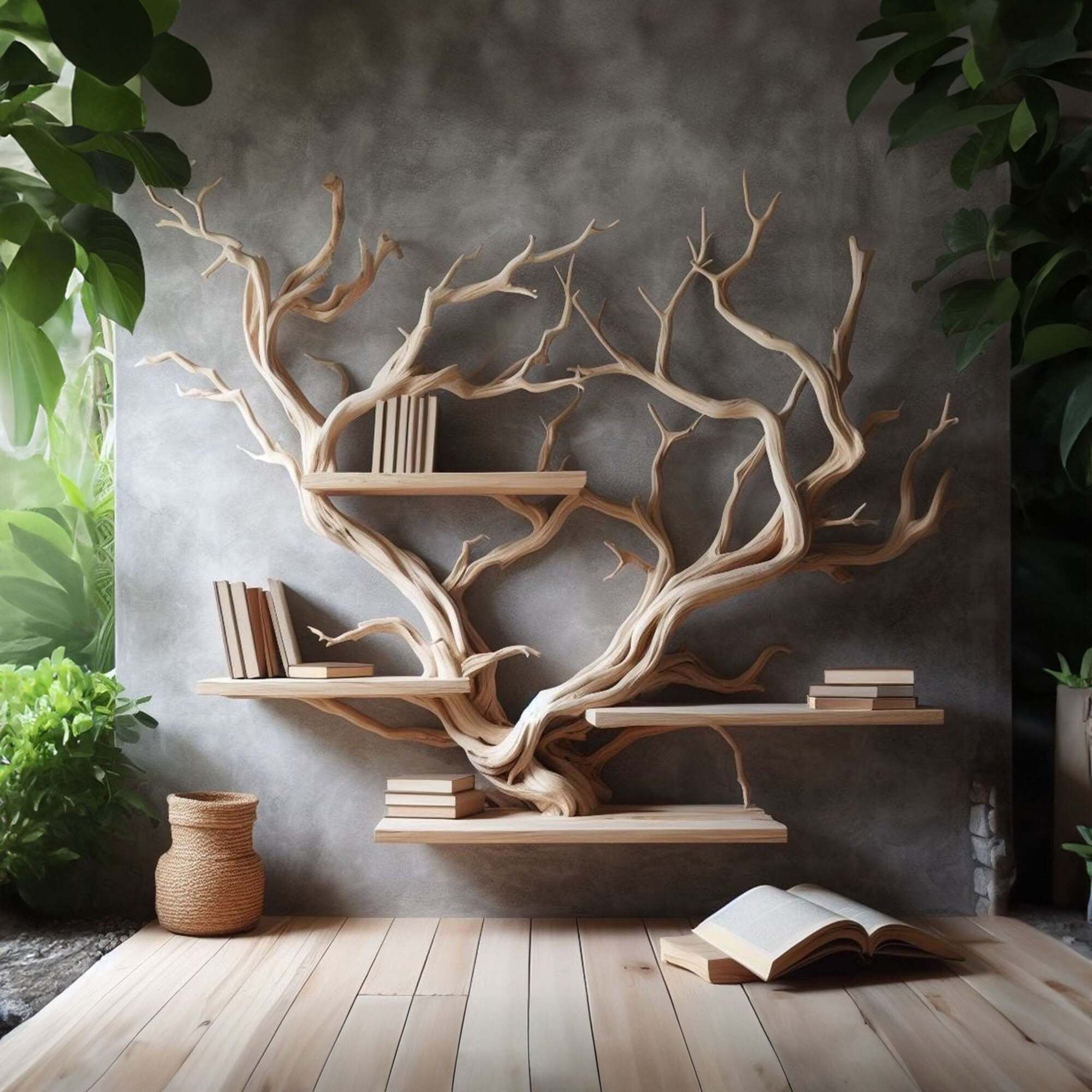 Rustic Tree Bookshelf Driftwood Wall Shelf Bookshelf Home Office Decor