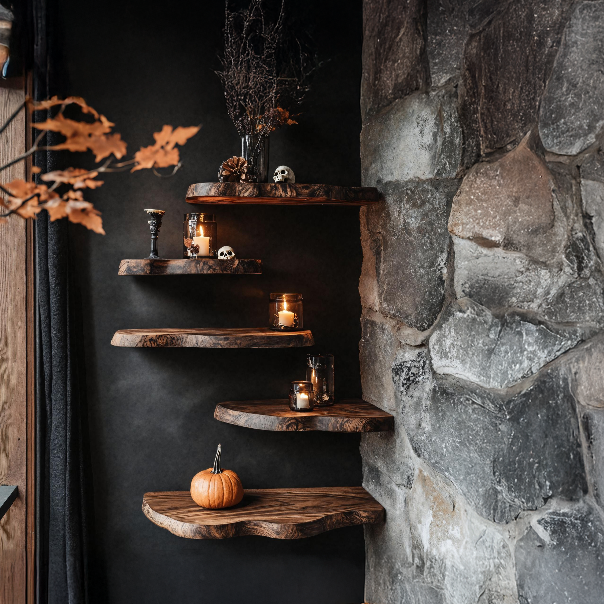 Rustic Wooden Floating Shelf For Entryway Design Vintage Halloween Look SILDTTRHFL002