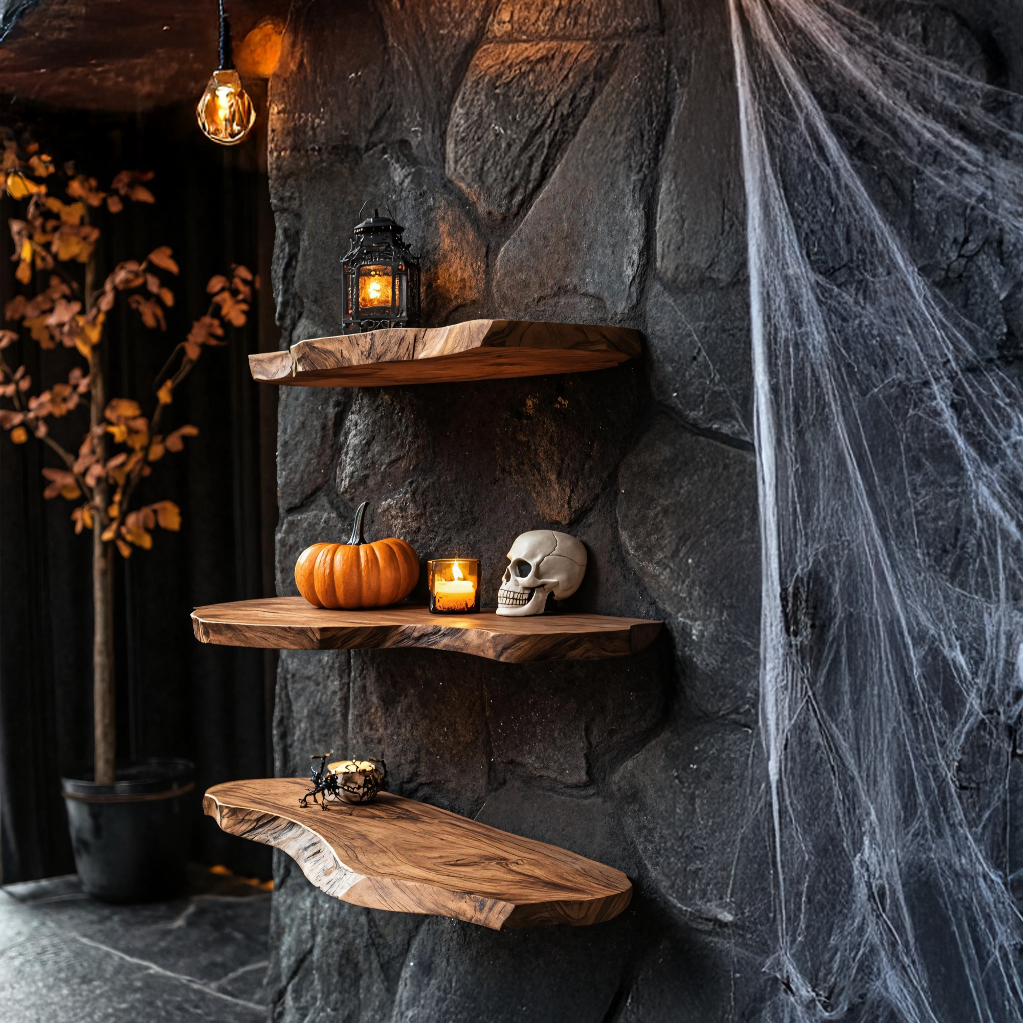 Handcrafted Solid Wood Shelf For Bedroom Decor And Cozy Halloween Ambience SILDTTRHFL017