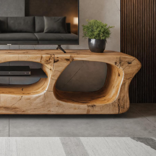 Modern Sculpted Solid Wood TV Stand With Organic Openings For Living Room SITHTTTVC015