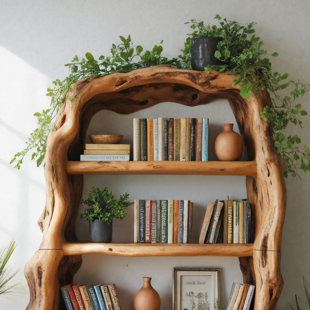 Rustic Sculptural Wooden Bookshelf With Carved Frame For Living Room Or Library SITHTTBS028
