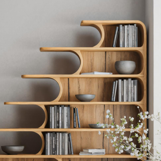 Modern Curved Bookshelf With Tiered Design And Drawers For Living Room Or Office SITHTTBS025