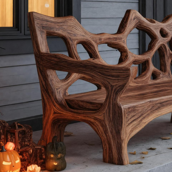 Rustic Halloween Wooden Bench Sculptural Design For Outdoor Or Entryway SITHTTHW004
