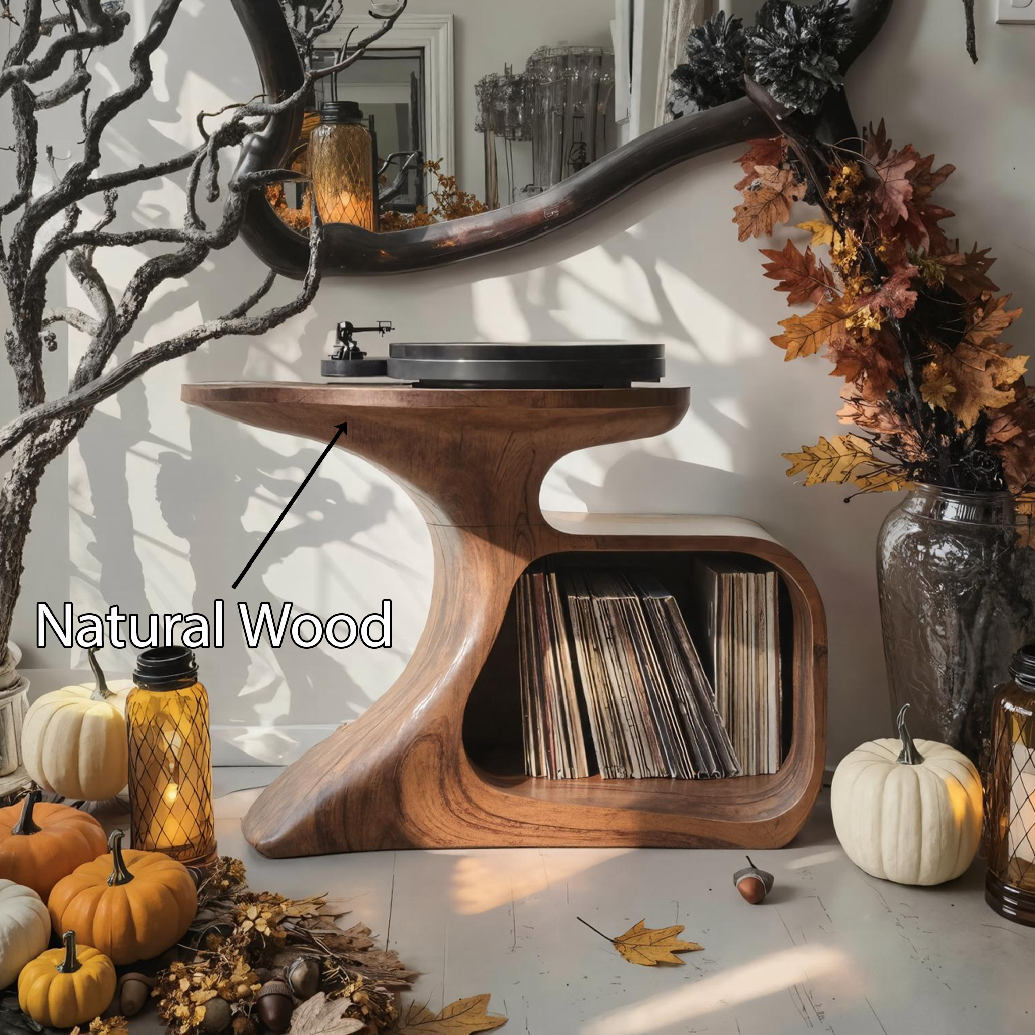 Mid Century Wooden Live Edge Record Stand For Living Room Halloween Decor SILDTTNHRS001