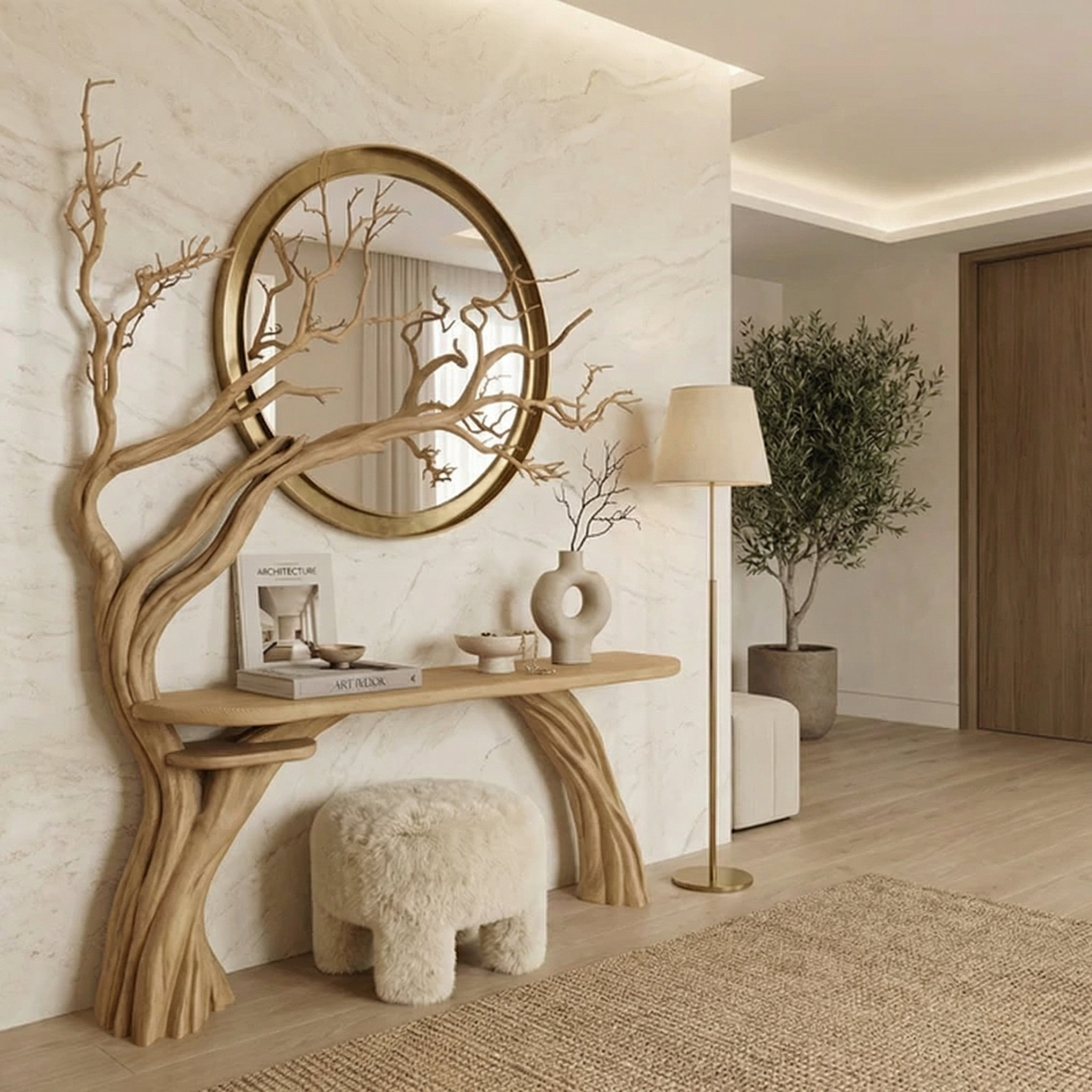 Natural Solid Wood Tree Bookshelf Rustic Side Table Farmhouse SINLCS045