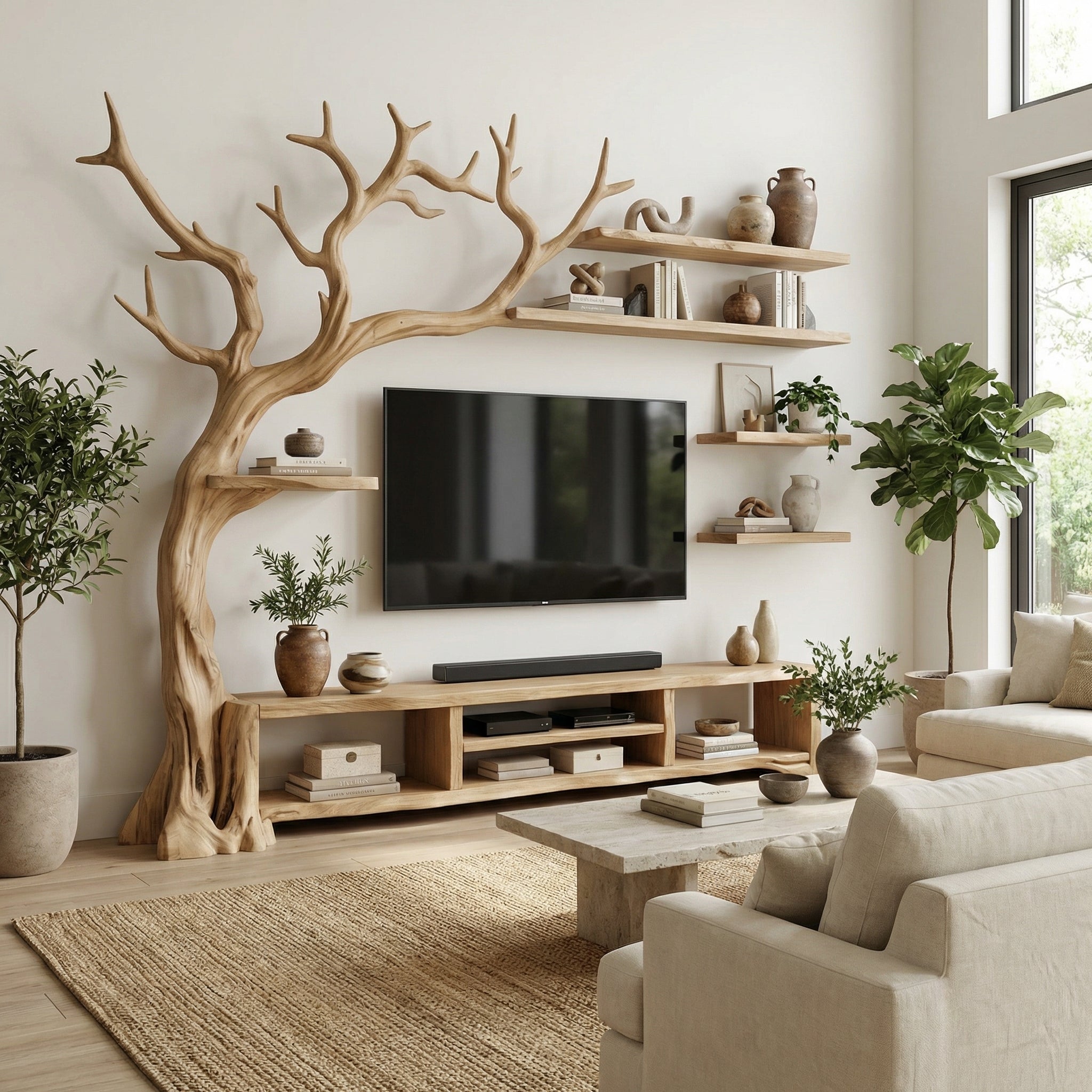 Rustic Organic Tree Branch TV Shelf Contemporary Home SINLSATB514