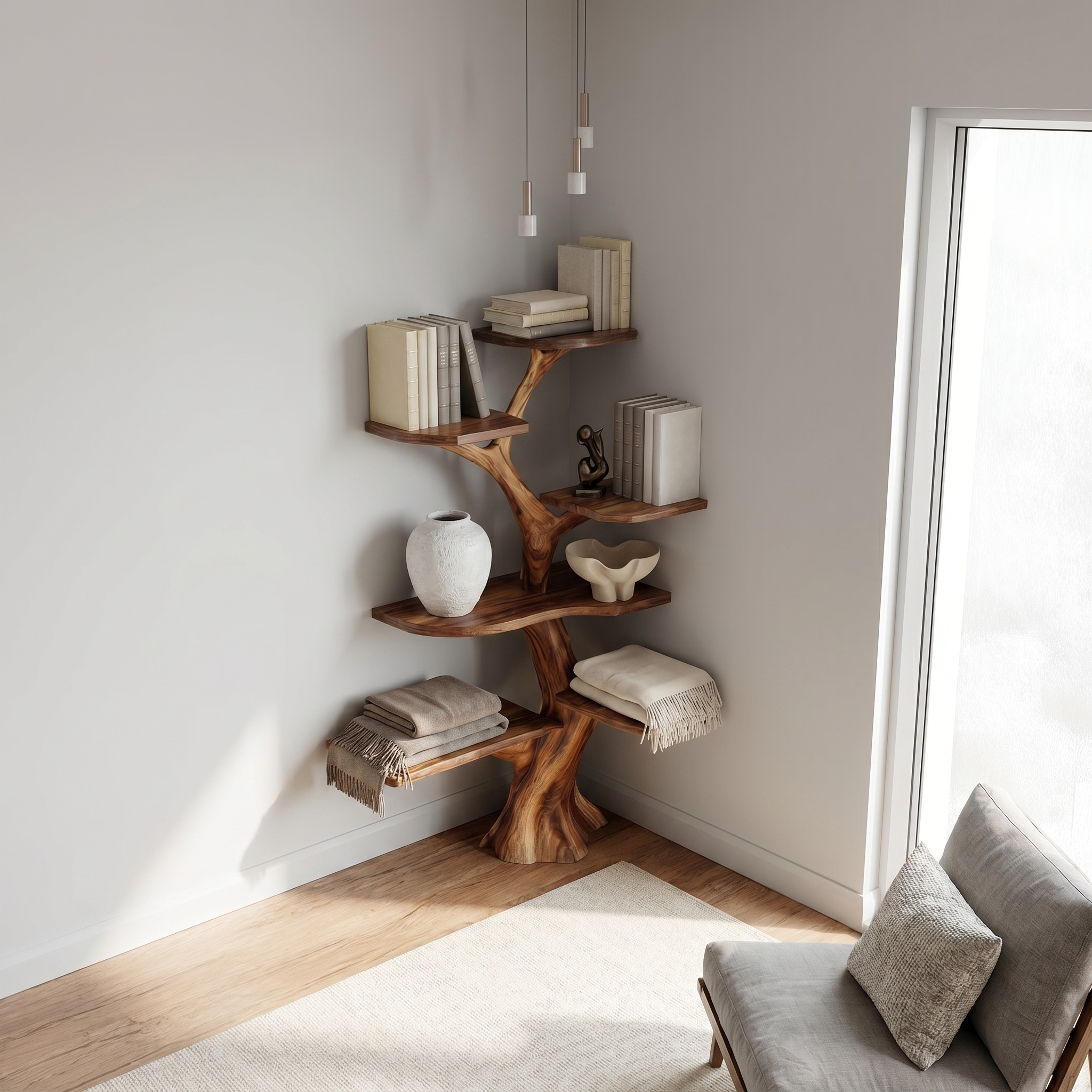 Rustic Corner Tree Bookshelf Living Room Wall SINLSATB309