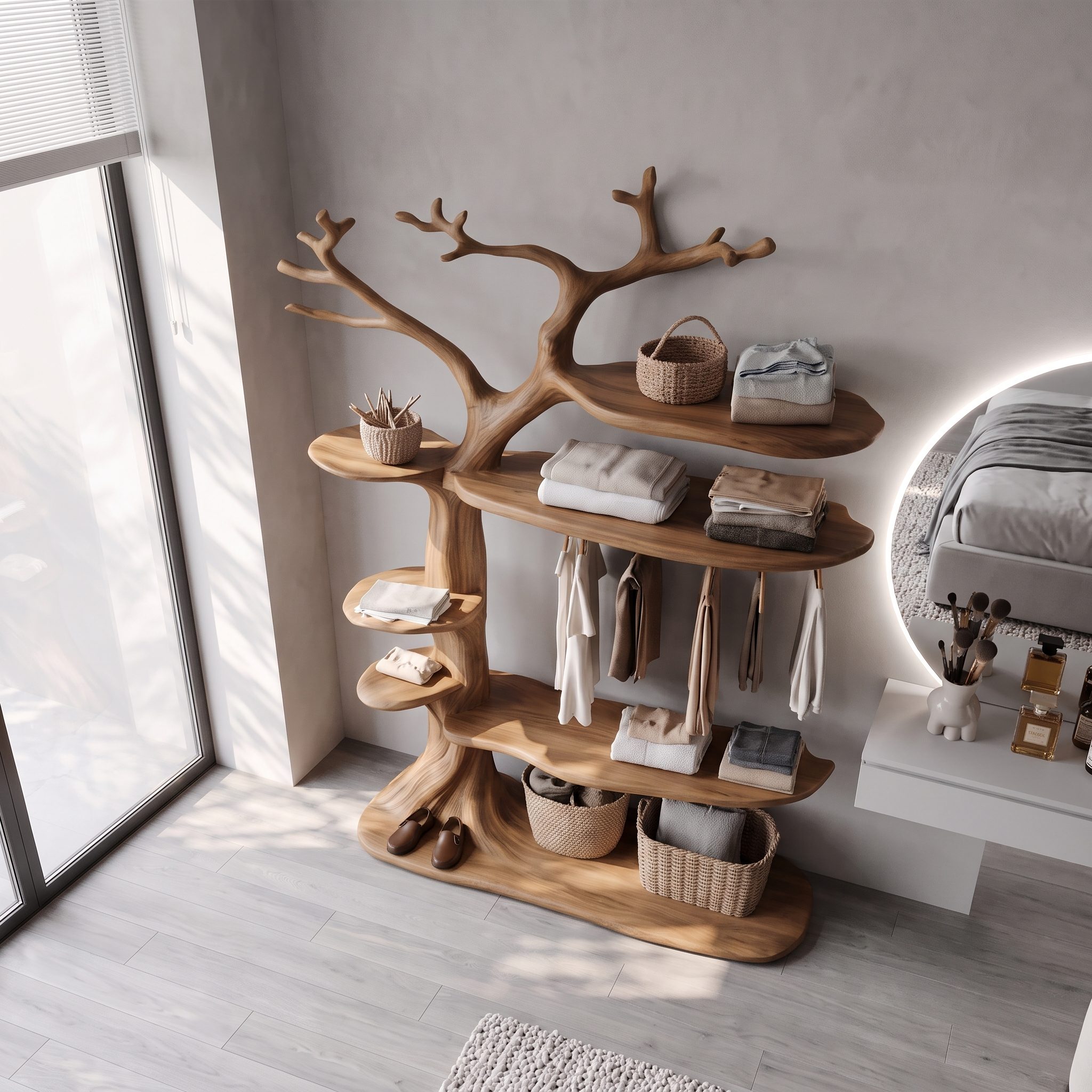 Rustic Tree Clothing Rack With Display Shelves For Bedroom SINLSATCR080