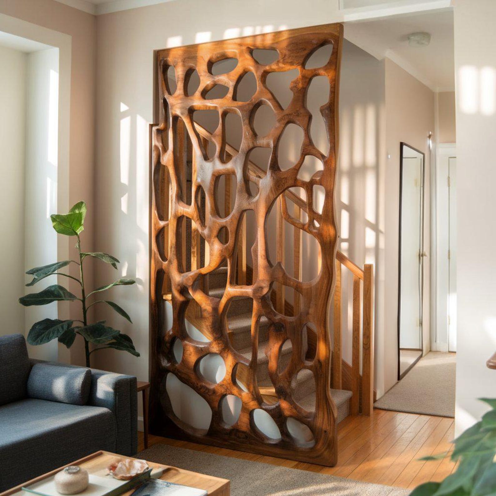 Sculptural Room Divider Organic Panel Living Room, Wooden Slat Room Divider SITHDVR002