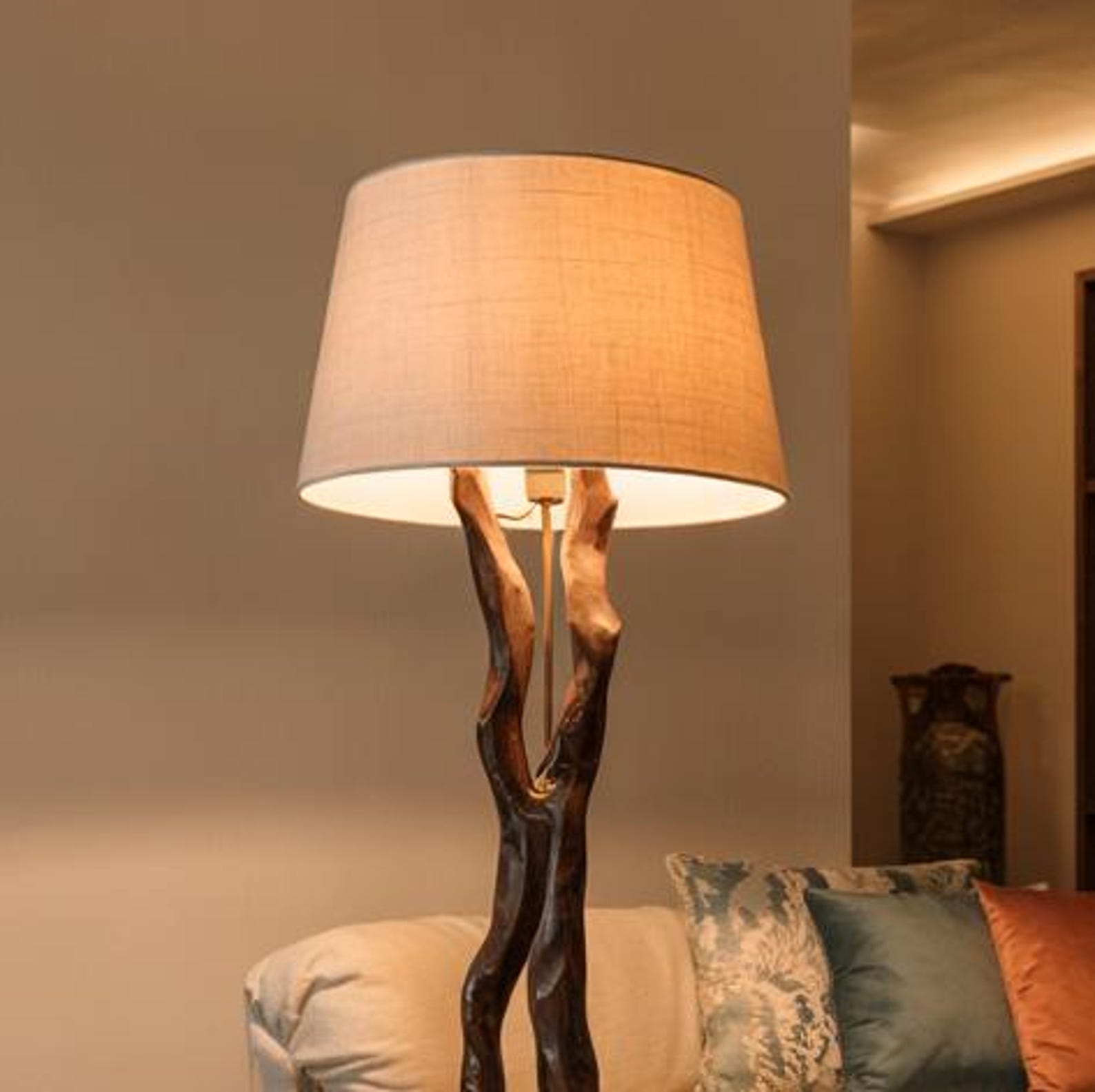 Organic Sculptural Floor Lamp For Living Room Corner With Handcrafted Tree Trunk Base SITHLAM023