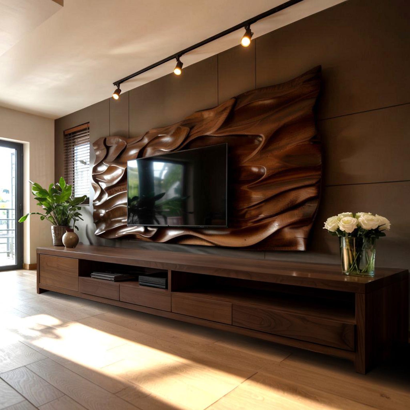 Sculptural Wavy TV Wall Panel And Media Console Design SITHTVC007